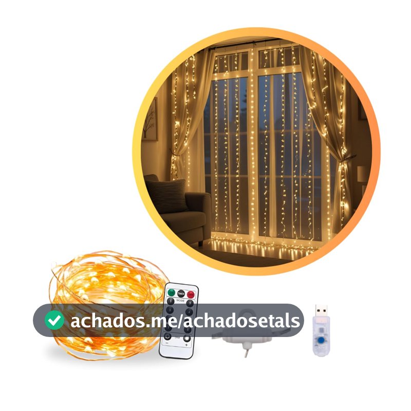 Cortina de LED 3x3m 300 Leds Pisca Pisca Fio de Fada Decoração de Natal Ano Novo Casamento Festas Eventos Especiais Controle Remoto 8 Modos Fio de Cobre Quarto Varandas Janela Conector USB Bivolt