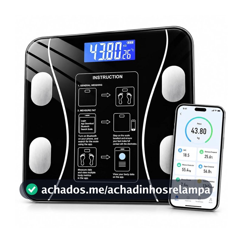 Balança Digital de Bioimpedância 180 kg com Bluetooth e Aplicativo, Vidro Temperado, Visor LED, 4 Sensores, Análise Corporal para Peso, IMC, Gordura, Massa Muscular, Uso Doméstico e Fitness, Academias