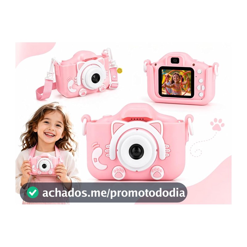 Câmera Infantil HD Fotos Vídeos Tela LCD 2 Pol Recarregável - Rosa