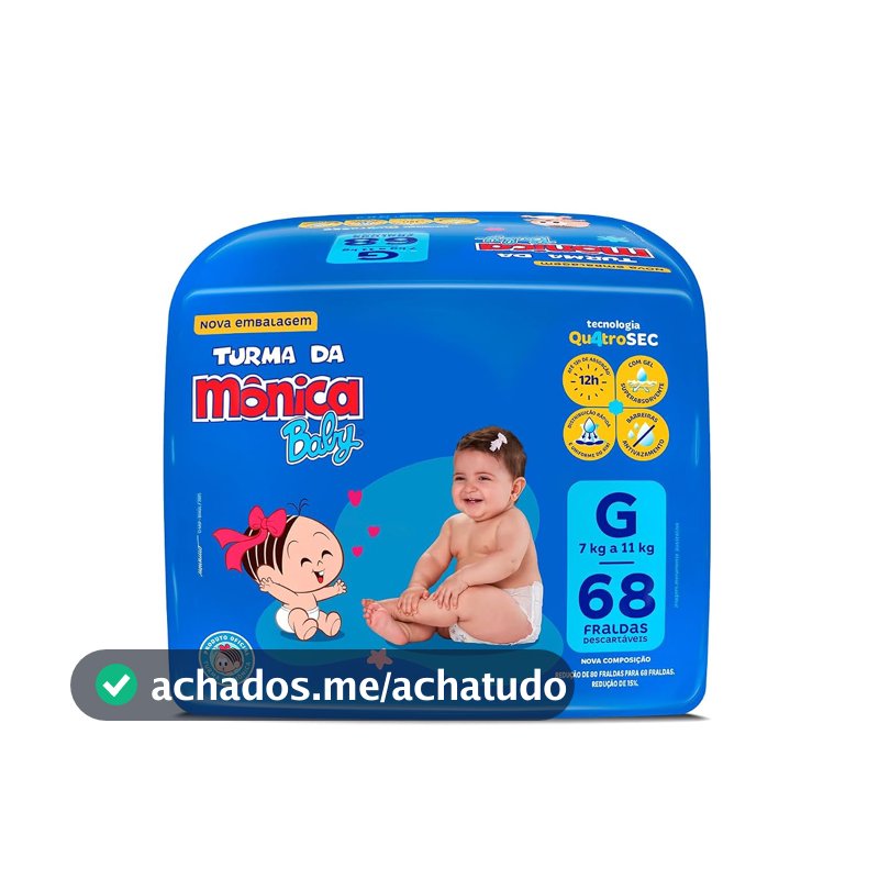Fralda Turma da Monica Baby, G, 68 Unidades