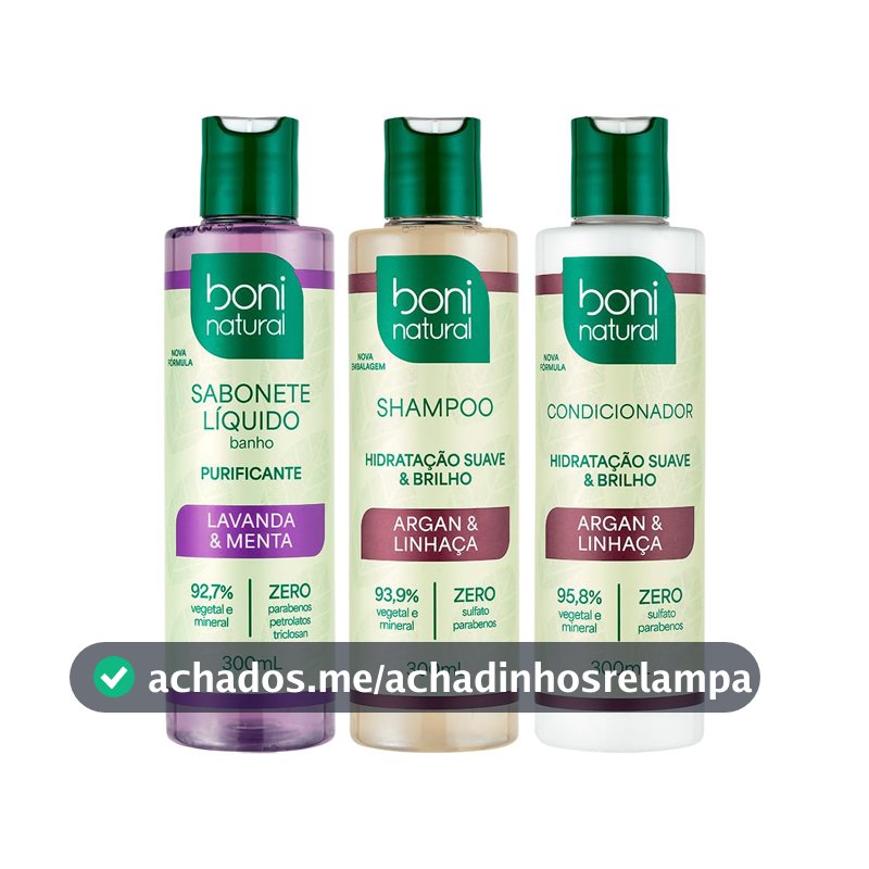 Boni Natural - Kit Banho com Sabonete Líquido + Shampoo + Condicionador, 3 Produtos de 300 ml, Vegano, Ingredientes de Origem Natural