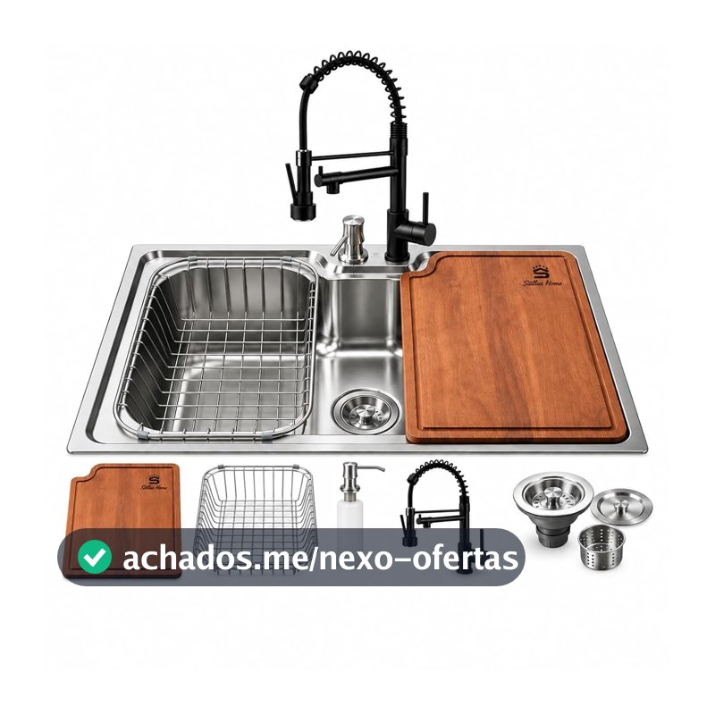 Cuba Gourmet para Cozinha Aço Inox 304 50x40cm com Torneira Monocomando, Tábua de Corte, Cesto Escorredor, Dispenser e Válvula Kit Completo