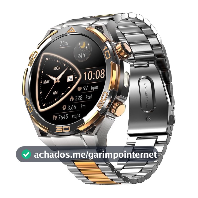 IOWODO Smartwatch Flagship - Detalhes em Ouro 14K, GPS, Bússola, Chamadas Bluetooth, AI com ChatGPT, 100+ Modos Esportivos, Monitor de Passos/Calorias - Android/iOS