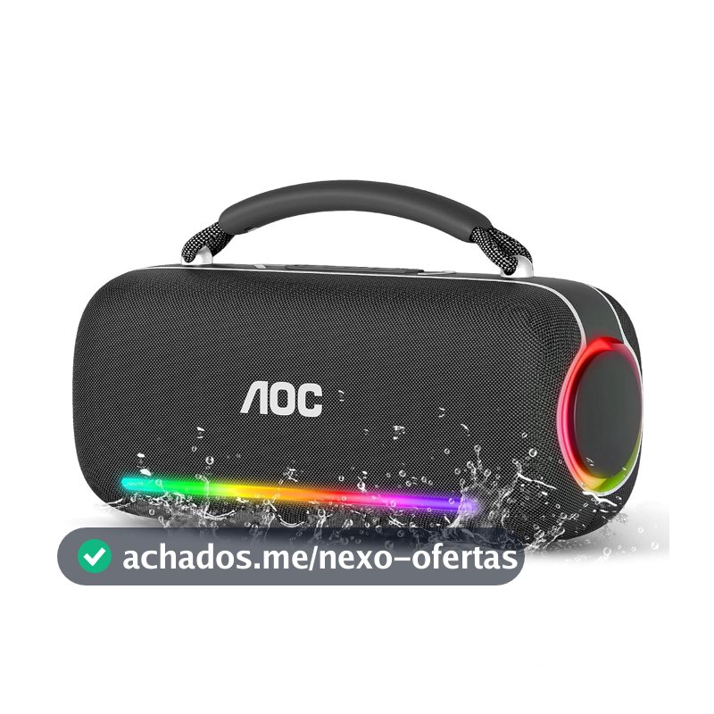 AOC ACS6331 Caixa de Som Bluetooth Portátil 200W, Alto-Falante Portátil IPX5 à Prova D'água, Luz RGB Surround, Som Potente, Bateria de Longa Duração 4000 mAH, Suporte TF/USB/TWS