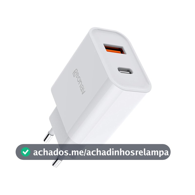 Geonav Carregador Universal Ultra Rápido Duo, 1 X USB-C Power Delivery 20W, 1 X USB Quick Charge 18W, CH20PDQC, Branco