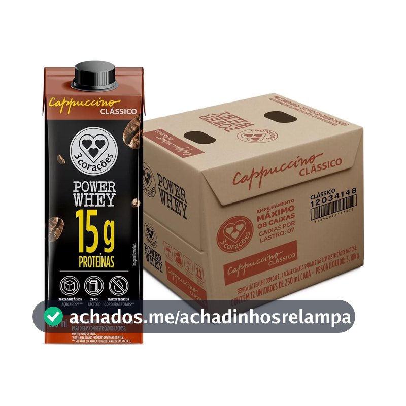 3 Corações Bebida Láctea Cappuccino Power Whey Clássico 15g de Proteína com Cafeína 250ml - 12 unidades