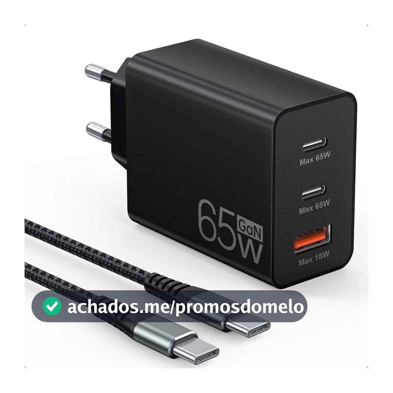 Carregador USB C de 65 W,carregador rápido USB de 3 portas com cabo de carregamento de 2 m,fonte de alimentação USB C para MacBook Air Pro M1/M2,iPhone 16 Pro/Max/15/14,Galaxy,tablet,laptop,etc.