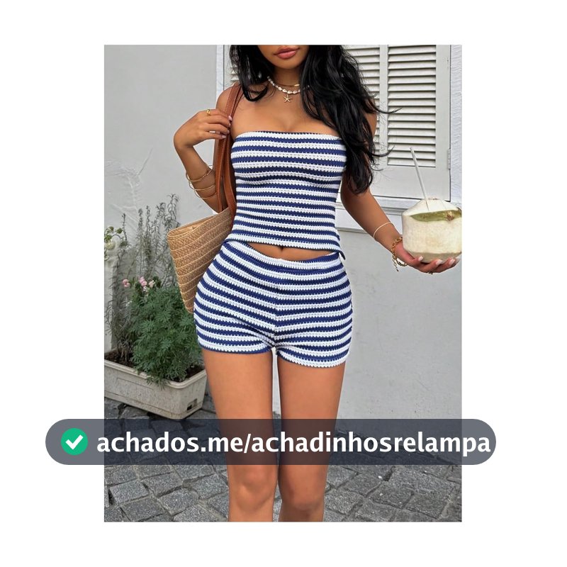 Conjunto feminino de verão de 2 peças, listrado, costas nuas, tomara que caia
