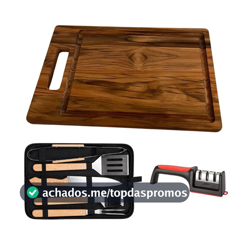 Kit Churrasco com Tábua em Madeira Utensílios com 5pçs(Faca, Garfo, Pinça, Espatula e Escova) e Amolador de Facas Área Gourmet Cozinha