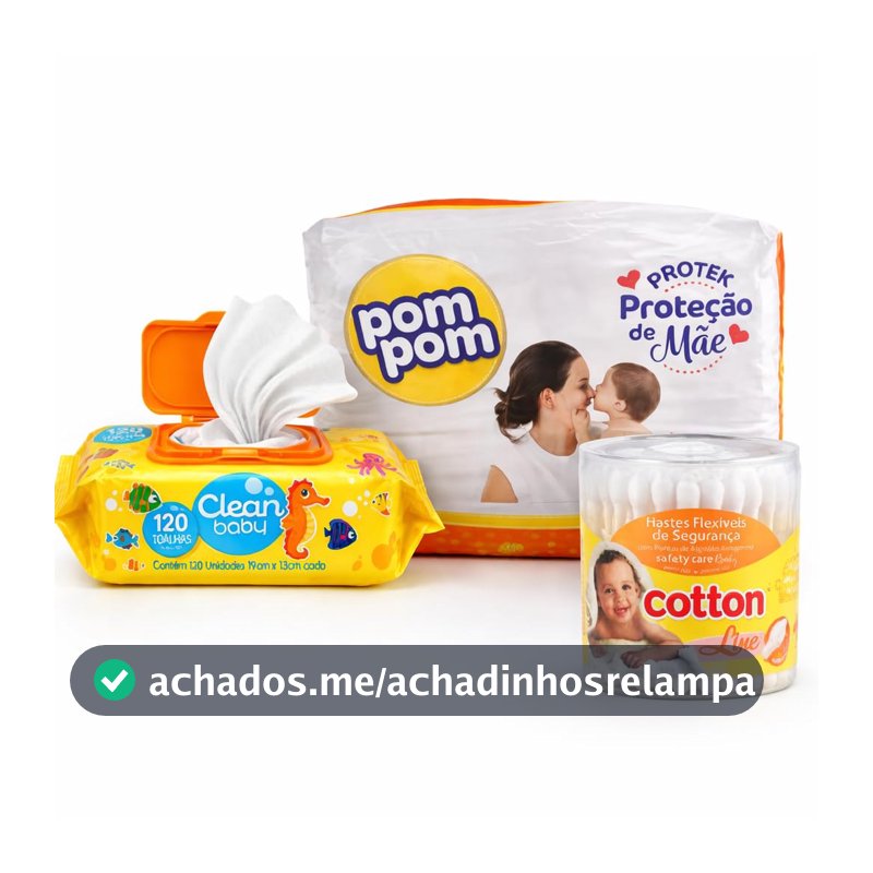 Fraldas Pompom M + Lenços + Cotonete Baby - Kit Higiene Bebê