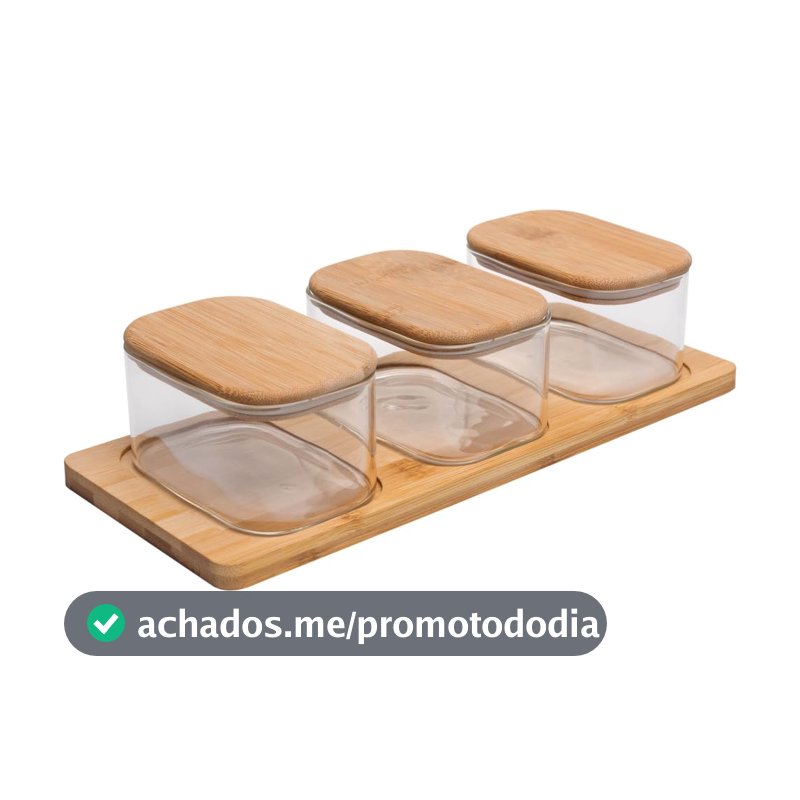 WOLFF - Conjunto 3 Potes com Tampa e Bandeja de Bambu Vidro Borossilicato