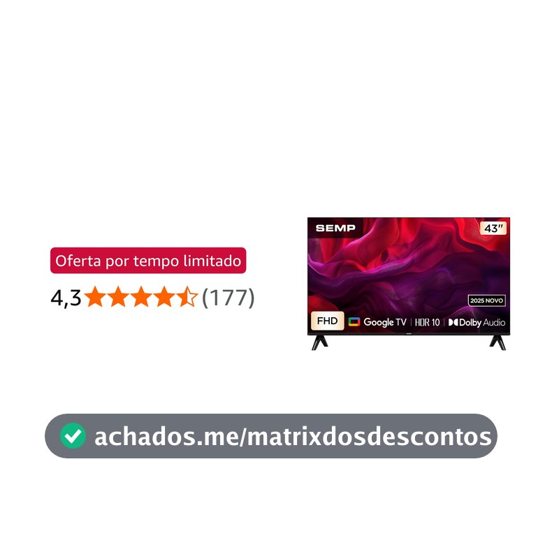 Smart TV Semp 43 Polegadas LED Full HD S42 WiFi Bluetooth Google TV 2 HDMI HDR10 Dolby Audio 43S42