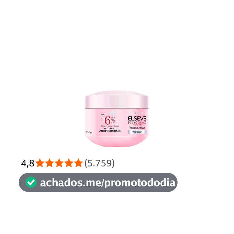 L'Oréal Paris Elseve Glycolic Gloss Máscara Capilar Antiporosidade, com Ácido Glicólico, Sela a Cutícula, Garante 3X Mais Brilho Espelhado e Maciez Intensa, 300g