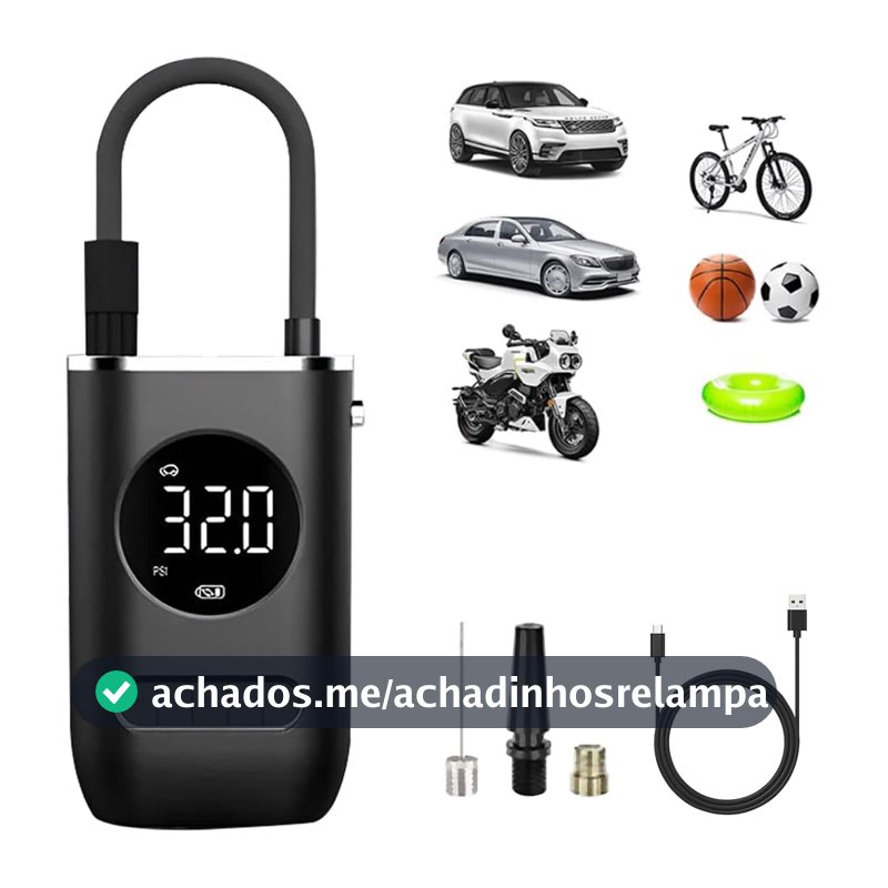 Compressor de Ar Portátil Digital Sem Fio 150 PSI 4000mAh com Lanterna LED, Mini Bomba Calibradora de Pneus para Carro, Moto, Bicicleta, Bola e Infláveis