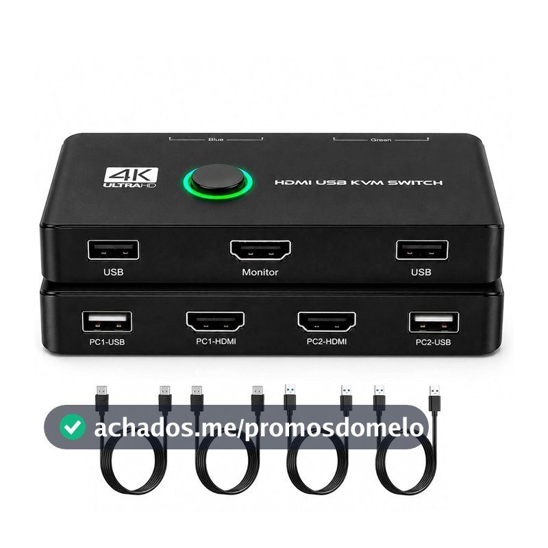 KVM Switch HDMI USB 2x1 4K 60Hz Chaveador Seletor 2 Portas para 1 Monitor e 2 Computadores Compartilha Teclado e Mouse HDMI 2.0 HDCP 2.2 Plug and Play Cabos Inclusos Grupo First Shop