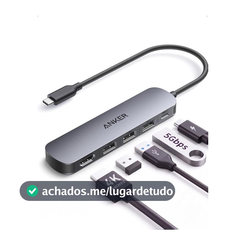 Anker Hub USB-C 5 em 1, HDMI 4K@30Hz, 2 USB, 5Gbps USB 3.0 e USB-C PD 100W