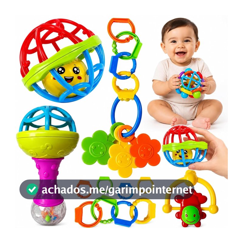 Kit Chocalhos e Mordedores para Bebê 8 Peças, Brinquedo Sensorial Educativo Colorido, Silicone Macio, Desenvolvimento Motor