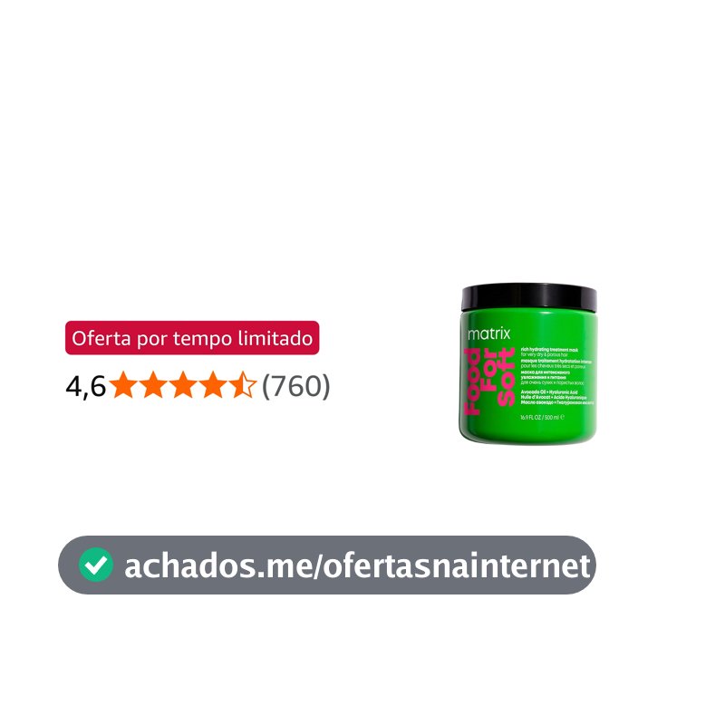 Matrix Food For Soft Máscara Capilar Hidratante, Com Ácido Hialurônico e Óleo de Abacate, Hidratação Profunda, Brilho e Maciez, Fórmula Vegana, Para Cabelos Secos, 500ml