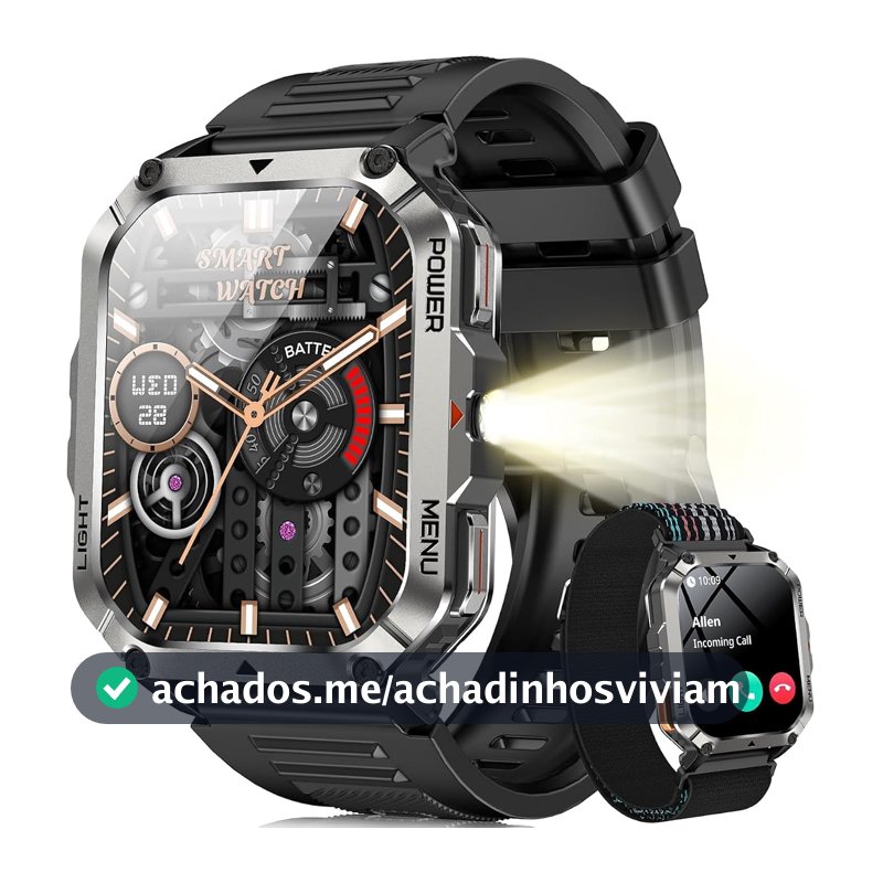 IOWODO Relógio Militar Smartwatch Masculino 2.01" - Lanterna LED, Bússola, Chamadas Bluetooth, 100+ Modos Esportivos, Bateria 20 Dias, IP68 - iPhone/Android