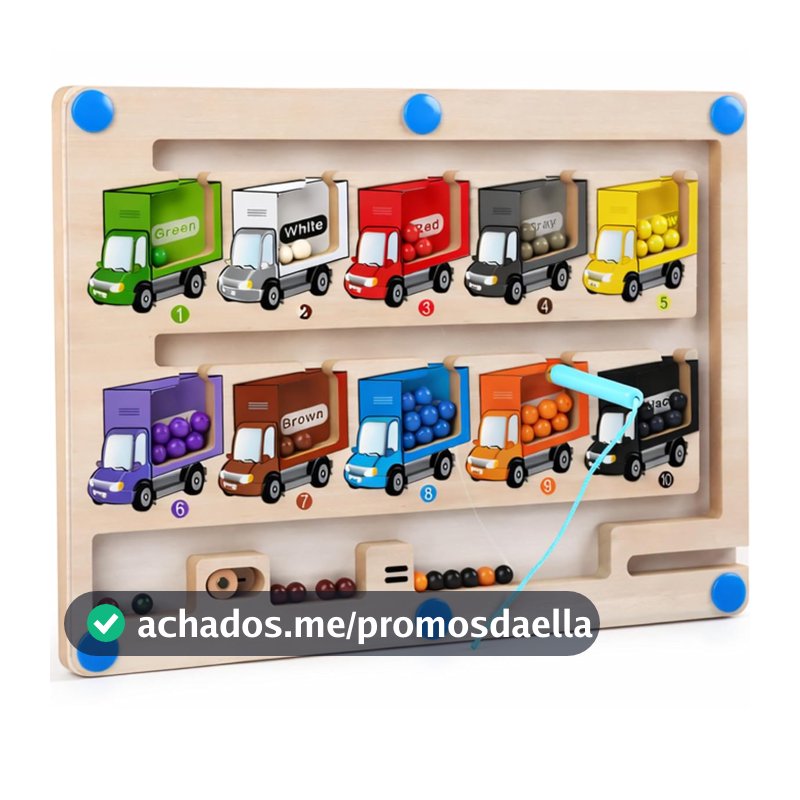 Brinquedo Labirinto Magnético de Madeira Educativo com Caminhões Coloridos, Caneta Imantada, Aprendizado de Cores e Números, Pedagogico Montessori Interativo para Crianças 3+ Anos, 30x22cm