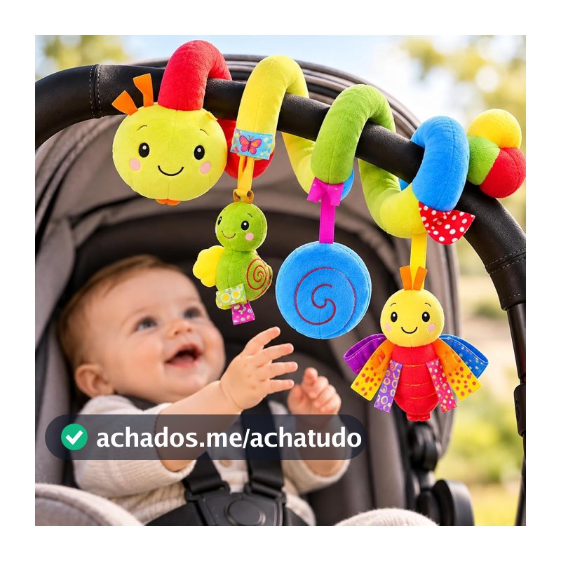Móbile para Carrinho de Bebê Espiral com Chocalho, Cores Vibrantes e Texturas, Móbile Sensorial para Berço, Bebê Conforto e Moisés, Brinquedo para Bebês