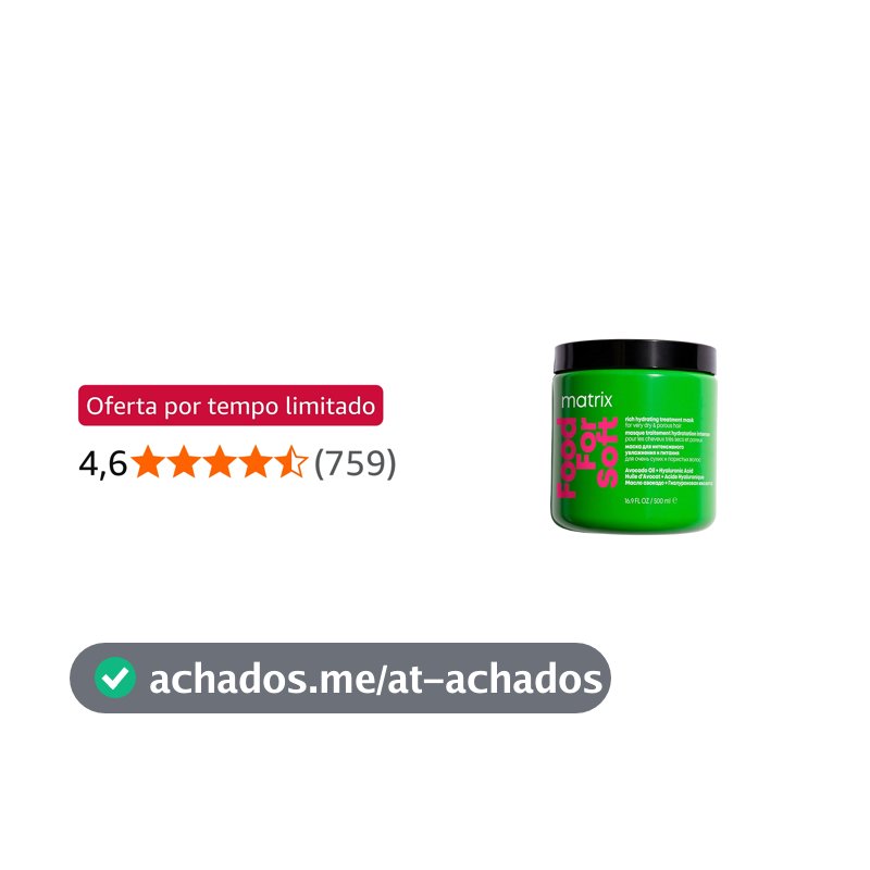 Matrix Food For Soft Máscara Capilar Hidratante, Com Ácido Hialurônico e Óleo de Abacate, Hidratação Profunda, Brilho e Maciez, Fórmula Vegana, Para Cabelos Secos, 500ml