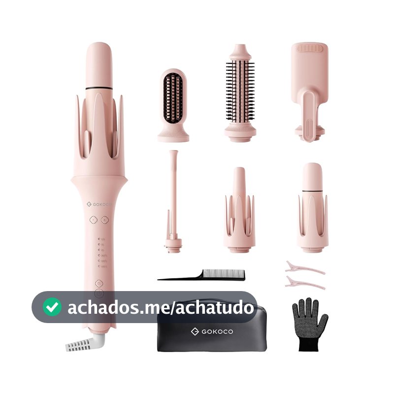 GOKOCO Prancha elétrica alisadora e modeladora de cachos 7 em 1,GD047 Escova Alisadora e Modeladora com Íons Negativos,Kit com 7 Acessórios, Aquecimento Rápido PTC,Temperatura Ajustável, Modelador de Cabelo Profissional,Rosa