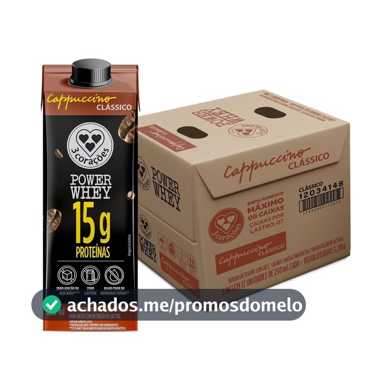 3 Corações Bebida Láctea Cappuccino Power Whey Clássico 15g de Proteína com Cafeína 250ml - 12 unidades