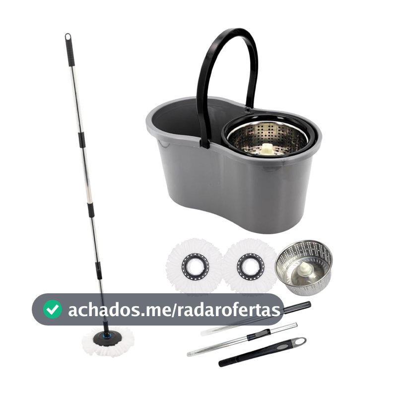 Mop com Balde Giratório Cesto em Inox, 9 Litros com 2 Refis de Microfibra