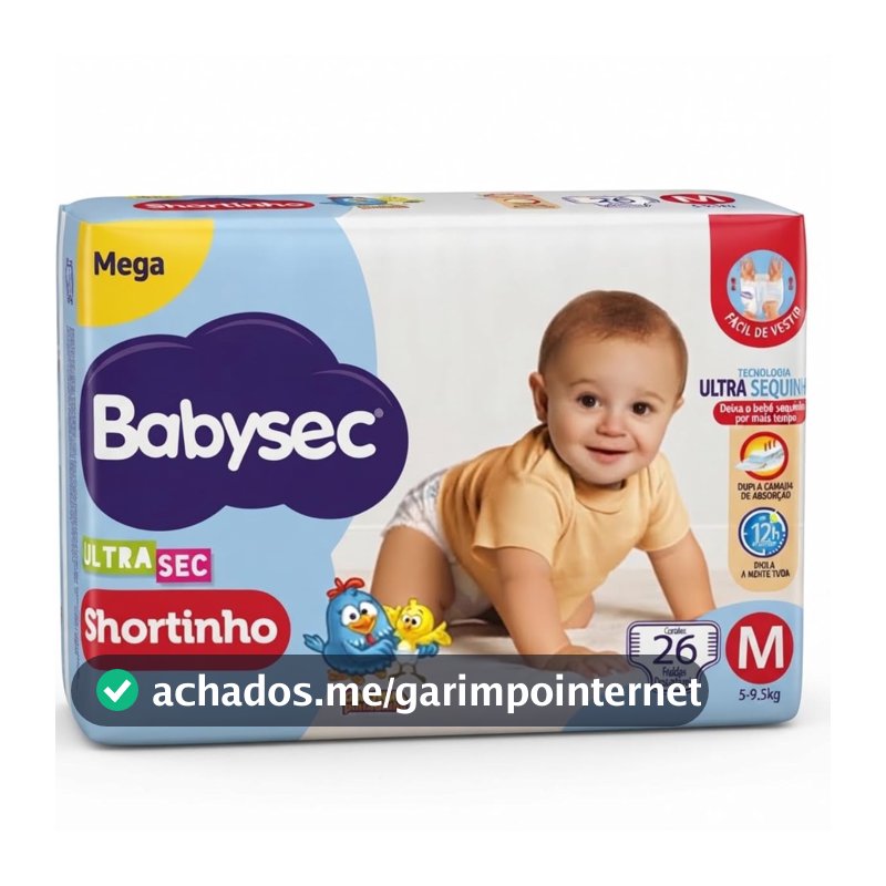 Fralda Descartável Infantil Bebê Shortinho Ultra Sec Tamanho M, 26 Unidades Babysec Alta Absorção, Confortável e com Liberdade de Movimento