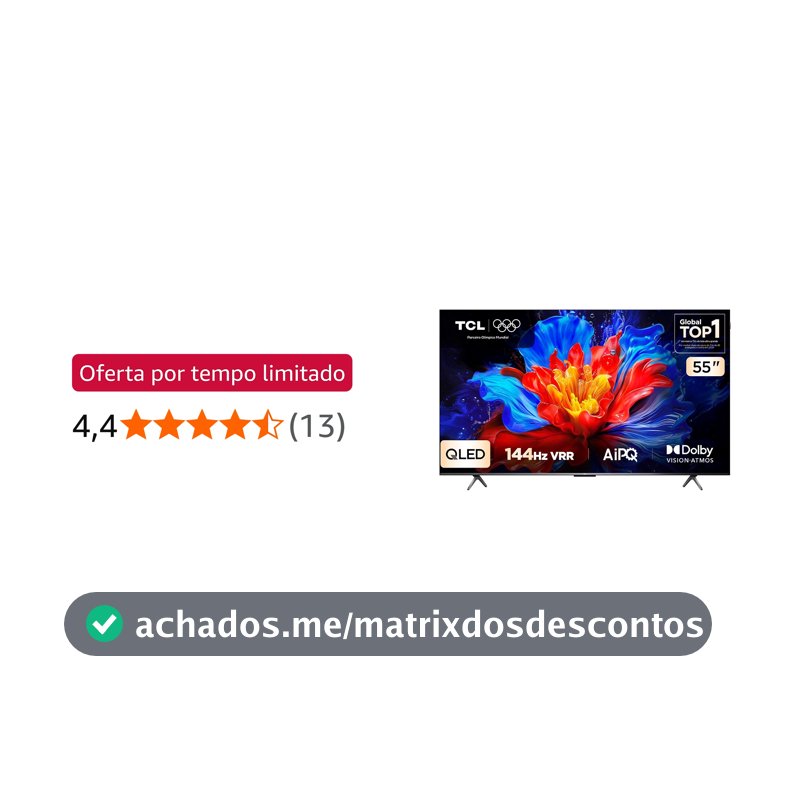 Smart TV TCL 55 Polegadas QLED 4K P8K WiFi Bluetooth Google TV 144Hz HDR10+ Dolby Atmos Vision 55P8K