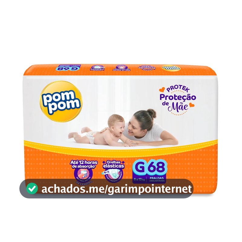 Fralda Pom Pom Protek Proteção de Mãe Hiper G 68 Unidades