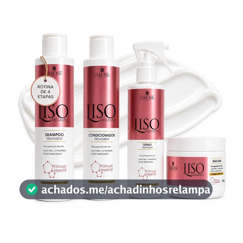 Oferta por tempo limitado: Kit Lakose Liso Absoluto Shampoo Condicionador Máscara e Spray 4 Passos