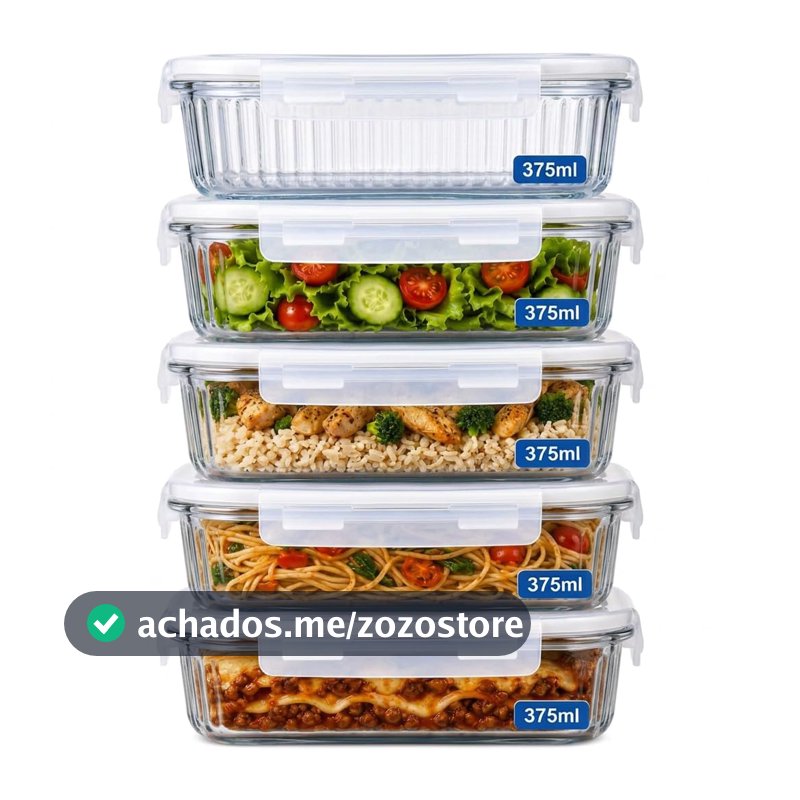 Kit 5 Potes de Vidro Herméticos 375ml – Tampa com Trava, Vedação Airtight, Ideal para Marmitas, Porta Mantimentos, Alimentos e Organização, Acabamento Premium